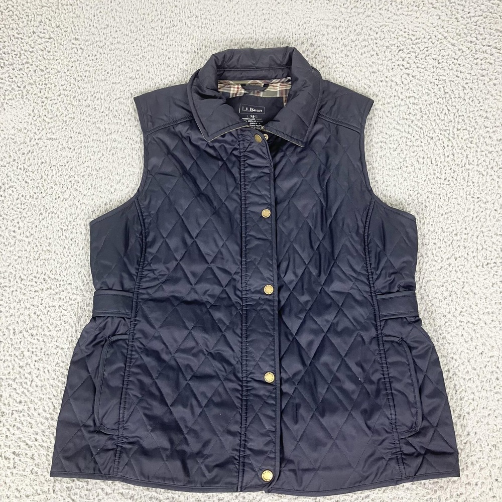 L.L.Bean Vest Womens Large Blue Quilted Plaid Lined Full Zip Pockets Outdoor